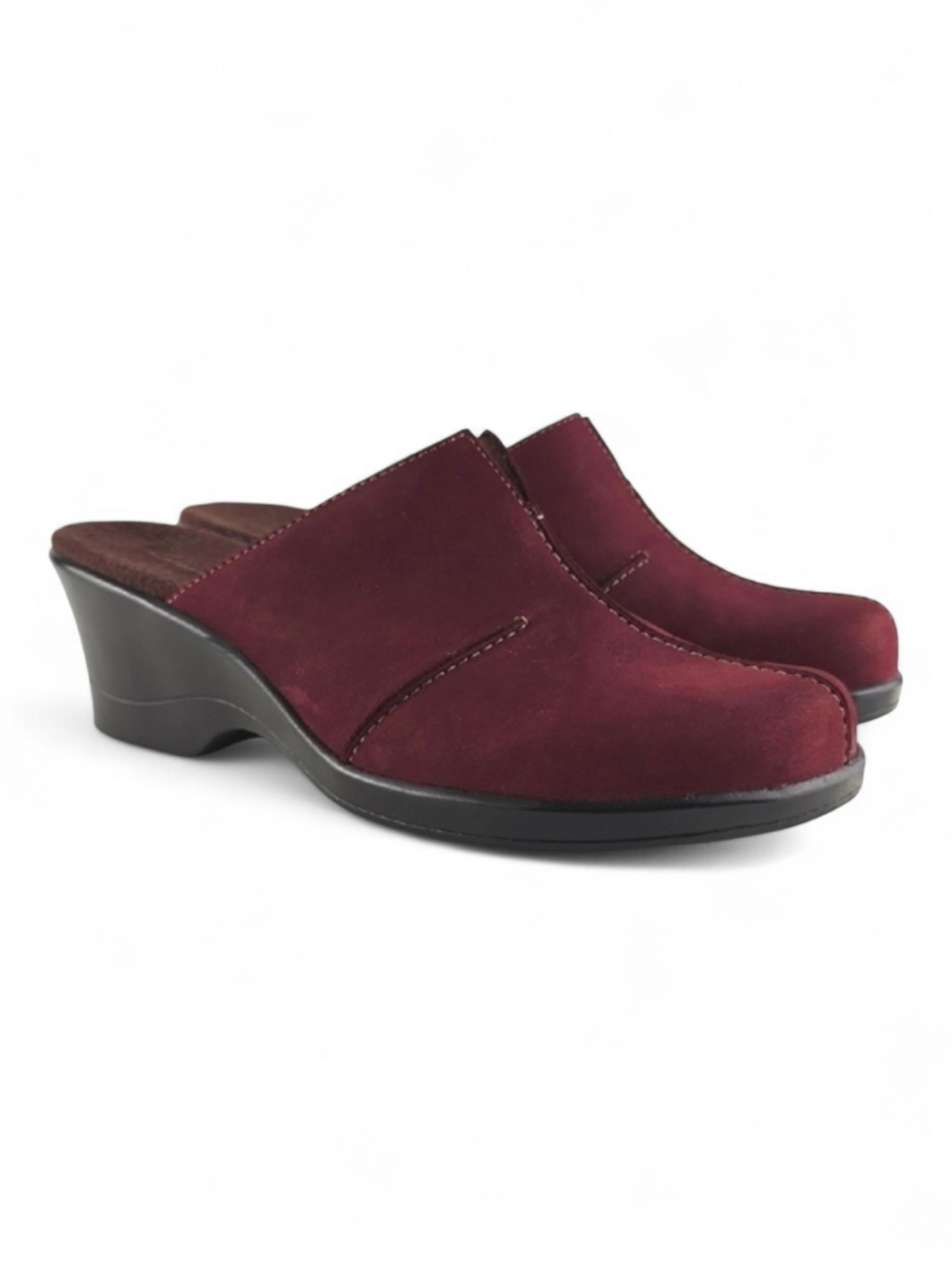 Clarks Women's Burgundy Leather Wedge Mule Clogs Slip On Comfort 8M